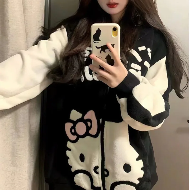 Chaqueta con capucha de manga larga con estampado de Hello Kitty para mujer, abrigo versátil de terciopelo con bordado de dibujos animados, otoño