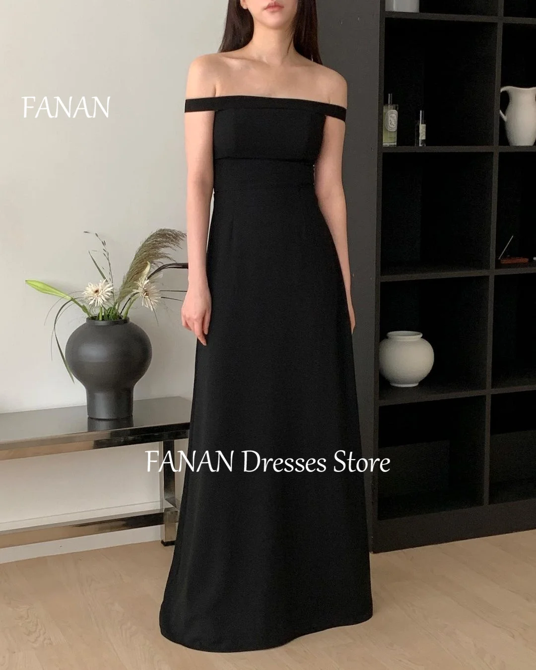 

FANAN Off the Shoulder Evening Party Dresses Sheath Korea Satin Short Sleeves Simple Elegant Women Formal Gowns Event Prom Gowns