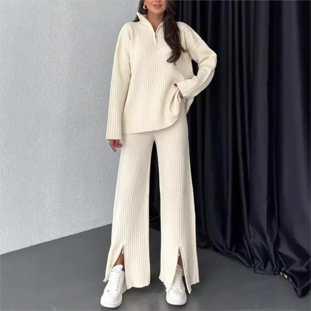 

Casual Knitted Home Set Women's Warm Zipper Top Pants Turn Down Collar Long Sleeve High Waisted Trousers 2 Piece Set Outfit
