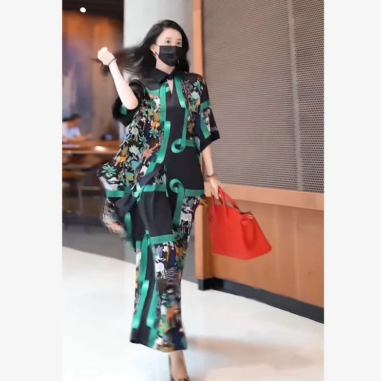 

Fashion Wide-Leg Pants Suit Women Retro Print Oversize Long Dress + Pants 2PCS Mother Silky Silkworm Dress Sets 5XL