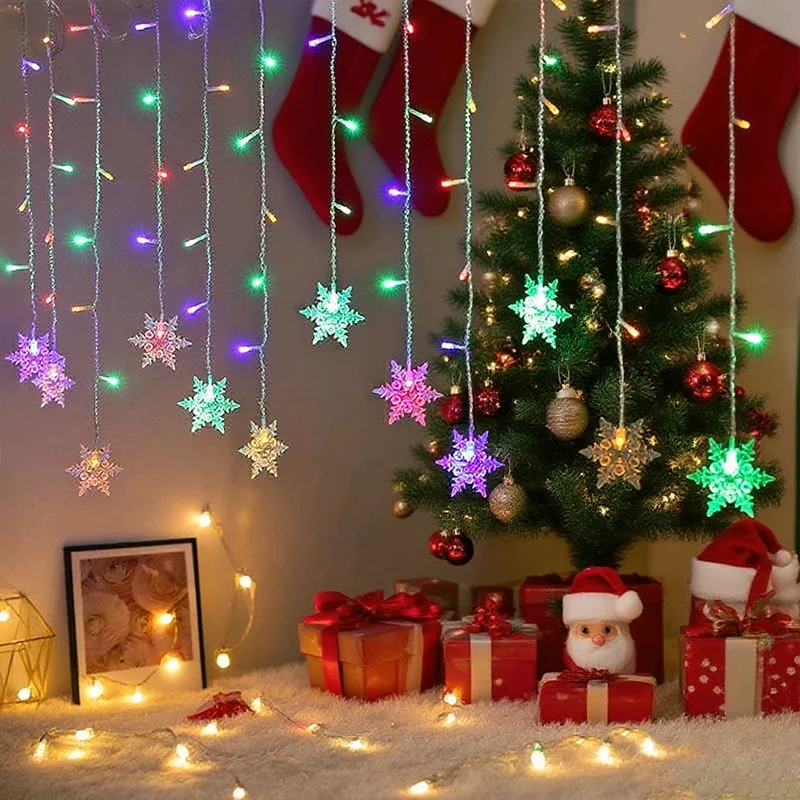 1pc 5.5M/9M USB-Powered LED Snowflake Curtain Lamp 8 Modes Fairy Light Party Decoration Holiday Wedding Christmas Strip Light