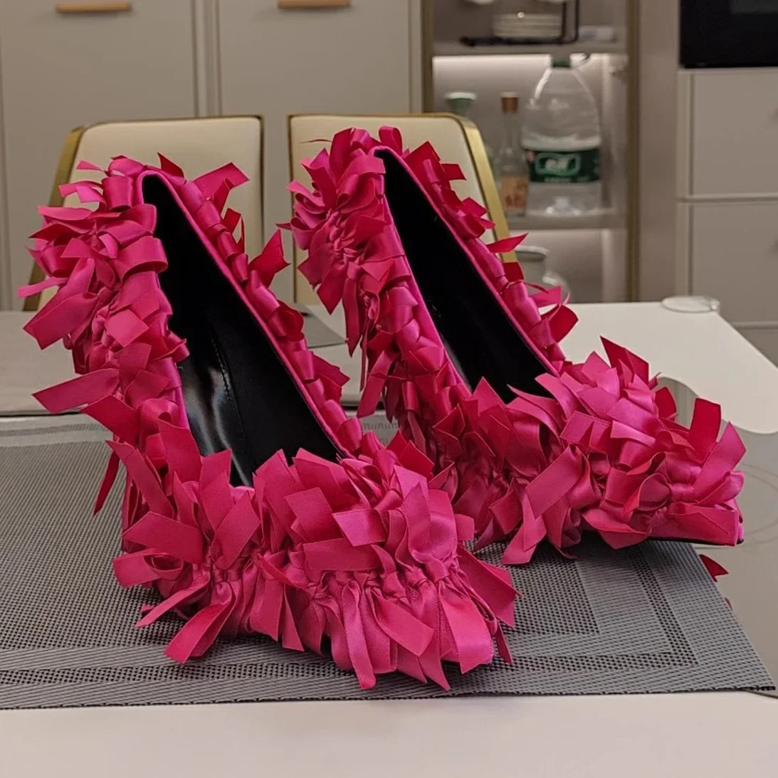 

Pink Bowtie High Heels Women's 2024 Spring New Sexy Single Shoes Pointed Thin Heels Full Bow Inlay Pumps Banquet Show Shoes