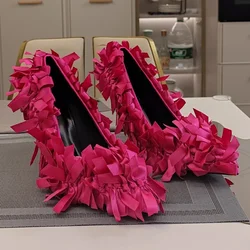 Pink Bowtie High Heels Women's 2024 Spring New Sexy Single Shoes Pointed Thin Heels Full Bow Inlay Pumps Banquet Show Shoes