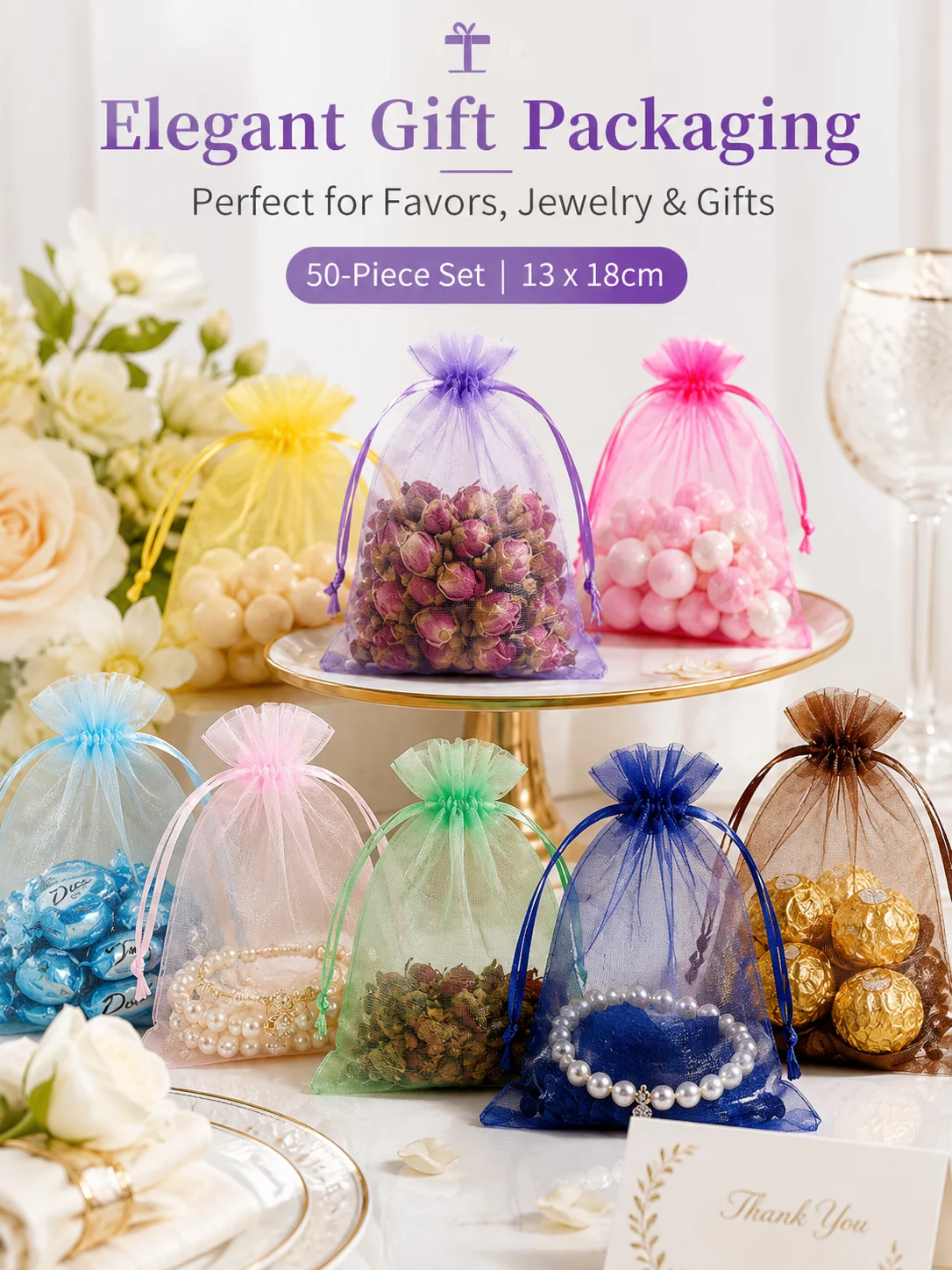 50Pcs Solid Color Organza Pouches, Drawstring Mesh Gift Bags, Candy Cosmetics Jewelry Packaging Net Bags