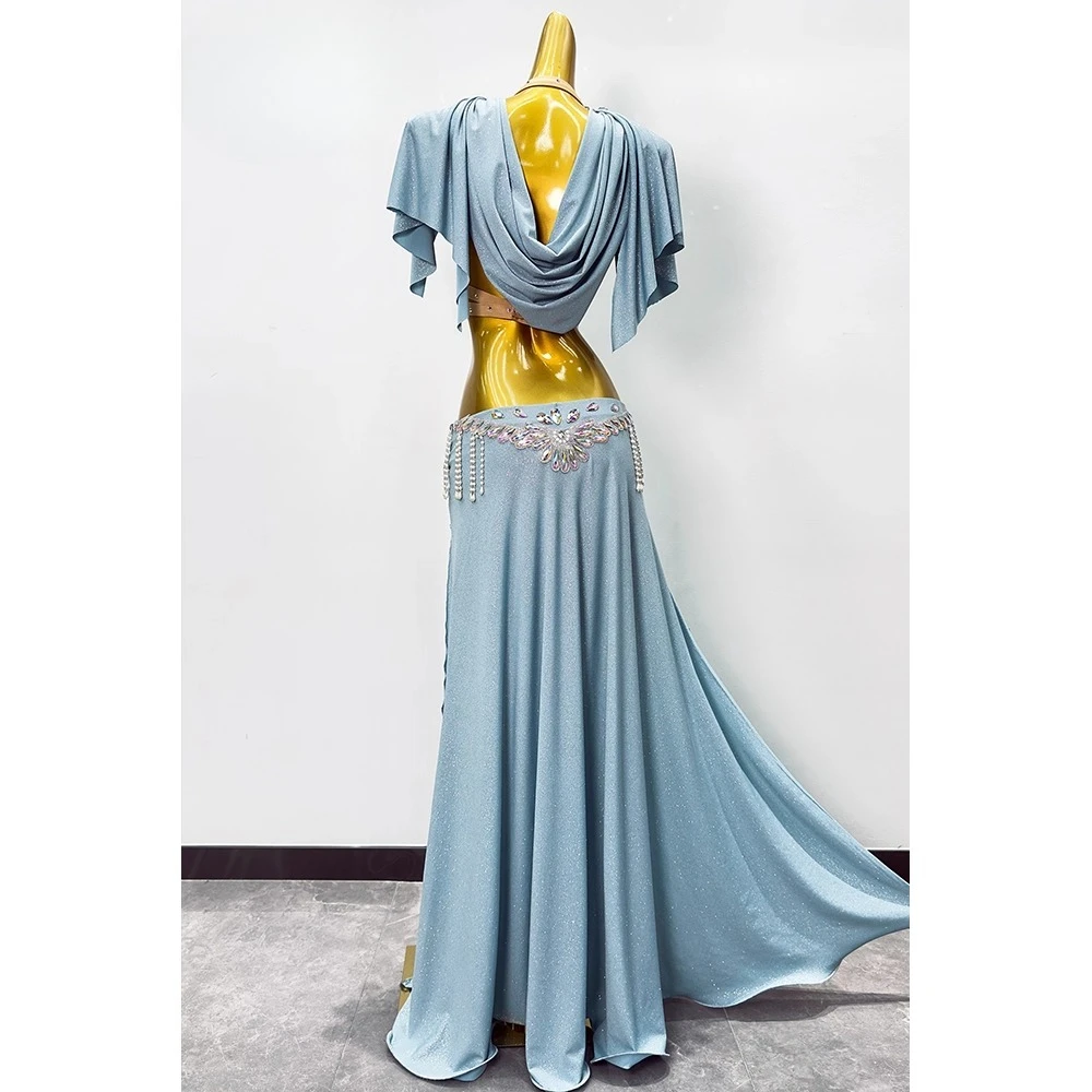 Abito da pratica personalizzato per danza del ventre Abito da pratica Haze Blue Costumi di danza orientale Set di abiti da spettacolo Gonna reggiseno femminile