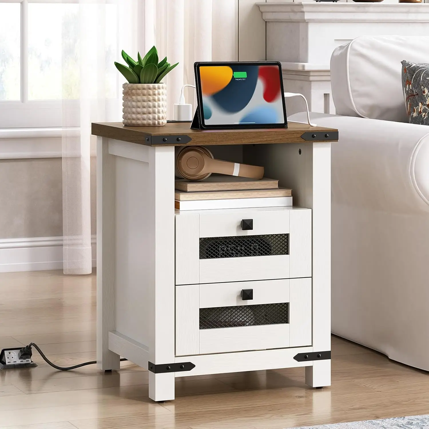 

White Farmhouse End Table with Charging Station, 18" Large End Table for Living Room, Farmhouse Sofa Side Table with Drawer