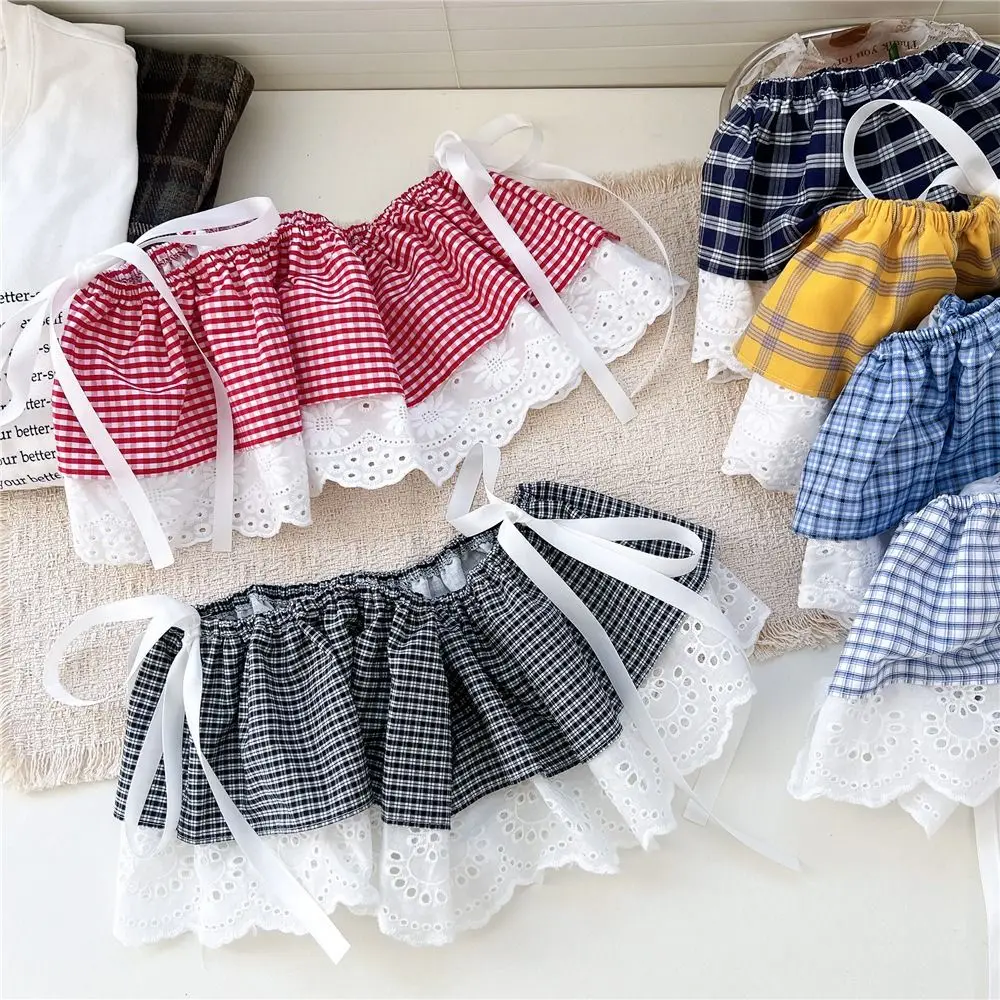

Fashion Balletcore Plaid Fart Curtain Lace Up White Lace Mini Skirts Embroidery Flower Butt Curtain Women
