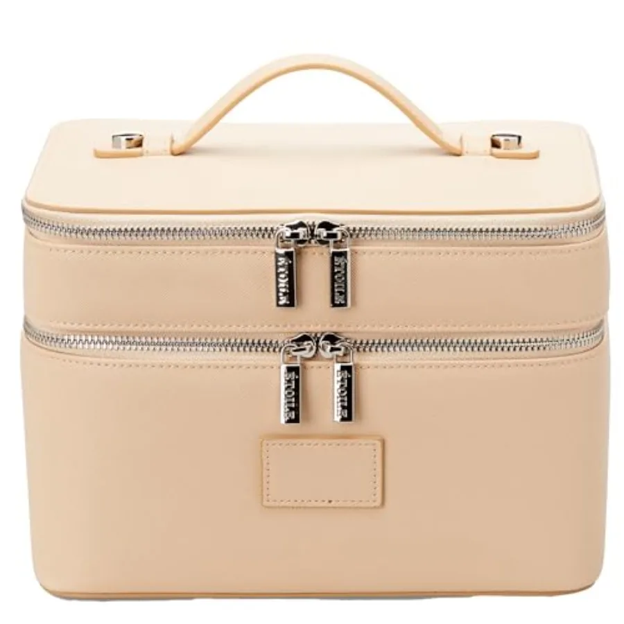

Косметичка Duo Vanity Case бежевого цвета - большая функциональная дорожная сумка-органайзер для косметики со съемным разделителем и зеркалом