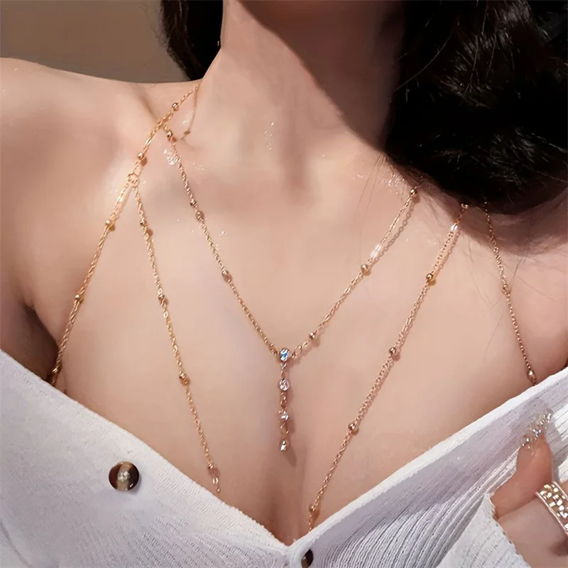 Cadena de cintura con cuentas redondas de diamantes de imitación para mujer, sujetador de playa, Bikini, cadena para el pecho, borla de circón, accesorios de joyería para el cuerpo