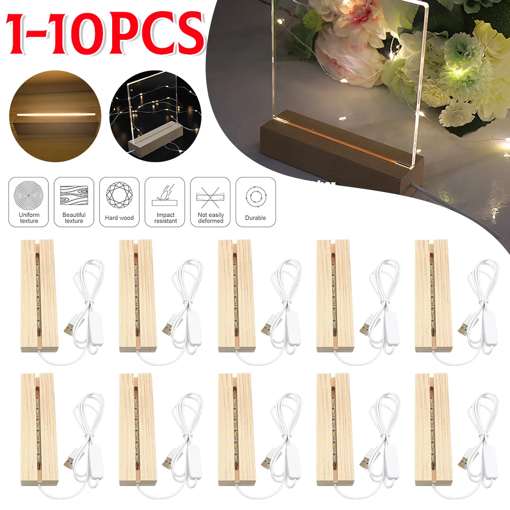 1-10pcs LED Wood Light Display Crystal Wooden Lighted Base Stand Acrylic Light Plate Base USB Wooden Base for Resin Art Lights