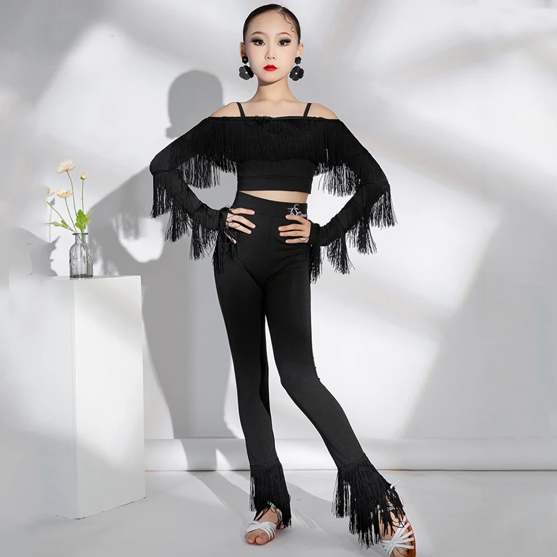 Black Leopard Latin Dance Competition Clothes For Girls Latin Fringed Sleeves Top Pants Kids Chacha Ballroom Dance Costume 9997