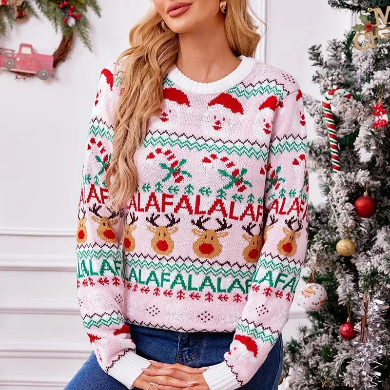 Round Neck Sweet Spell Color Knit Sweater,Women's Autumn and Winter New Christma Pullover Long Sleeve Jacquard Christmas Sweater