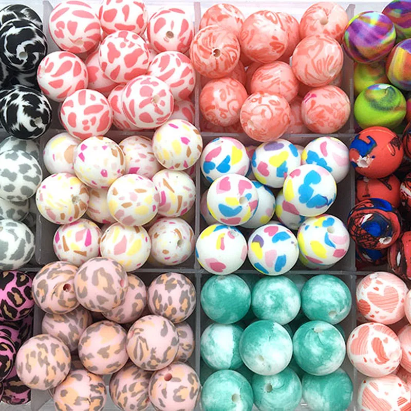 Round Silicone Beads 15mm Multi-color Printed Leopard Silicone Beads for Jewelry Making DIY Pacifier Clip Chain BPA Free