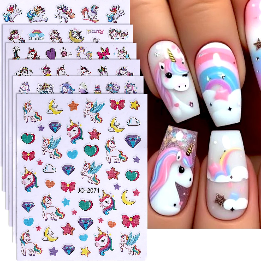 6 pçs bonito unicórnio adesivos de unhas 3d kawaii estrela amor coração arco-íris arco nuvens auto-adesivo decalques da arte do prego manicure decoração