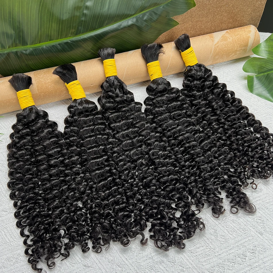 شعر بشري عميق مجعد للتضفير 100% وصلة شعر بشري 100 جرام/الحزمة # 1B لون أسود طبيعي ضفائر شعر عذراء خام #4