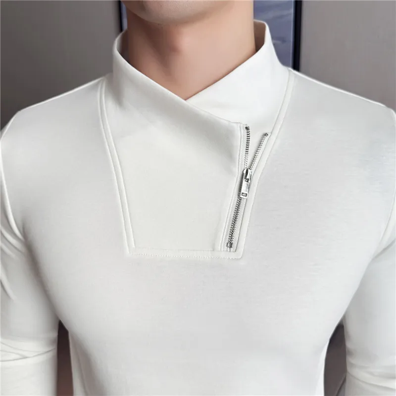 Fashion Zipper Semi High Neck Elastic T-shirt for Men Slim Fit V-neck Long Sleeved Base Shirt Versatile Casual Business Tee Tops