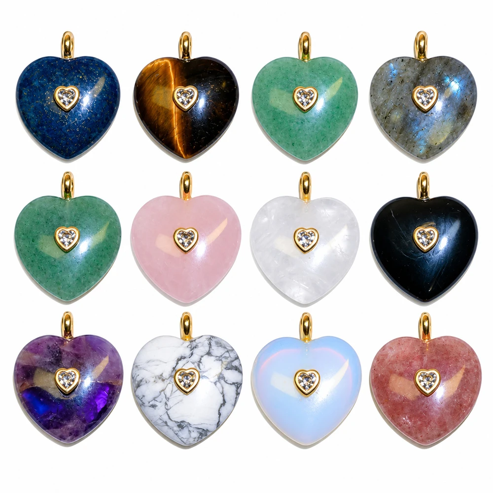 25mm Heart-shaped Charm Pendant With Zircon Gold Plated Multiple Colore Natural Stone For Jewelry Making Necklace Bracelet