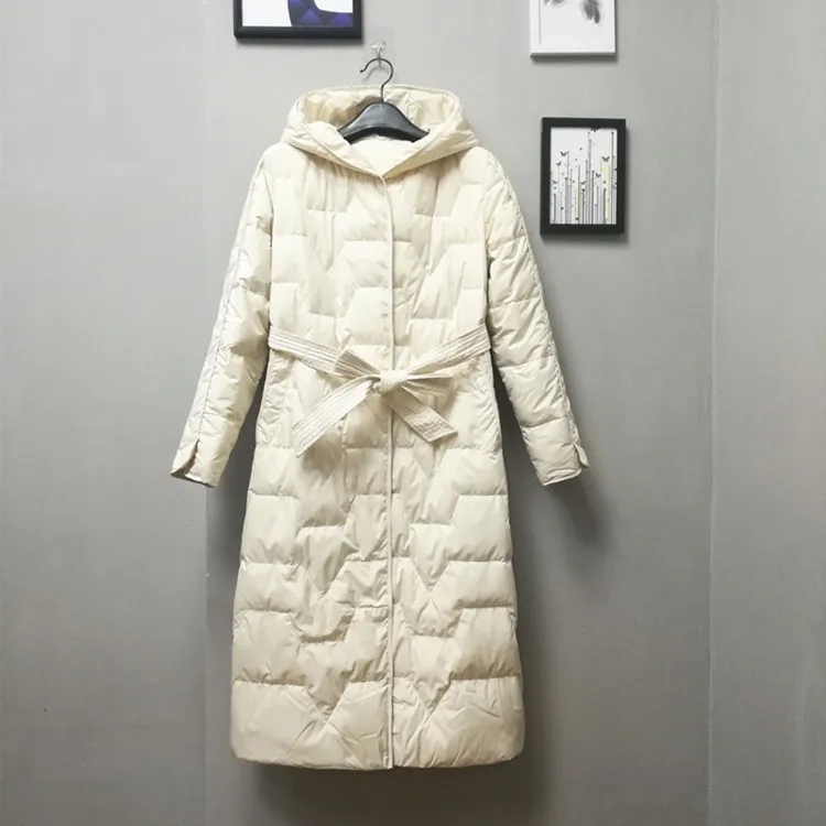 Doudoune mi-longue en duvet de canard blanc pour femme, manteau à capuche à lacets, parkas coupe-vent, chaud, style européen, automne, hiver, nouveau