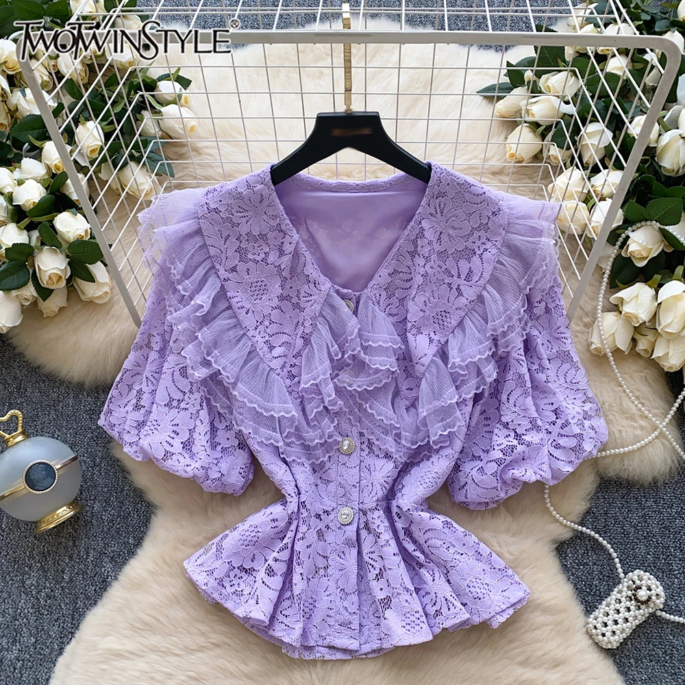 

TWOTWINSTYLE Solid Sweet Lace Spliced Button Blouses For Women Lapel Short Sleeve Temperament Shirts Female Fashion KBL536983