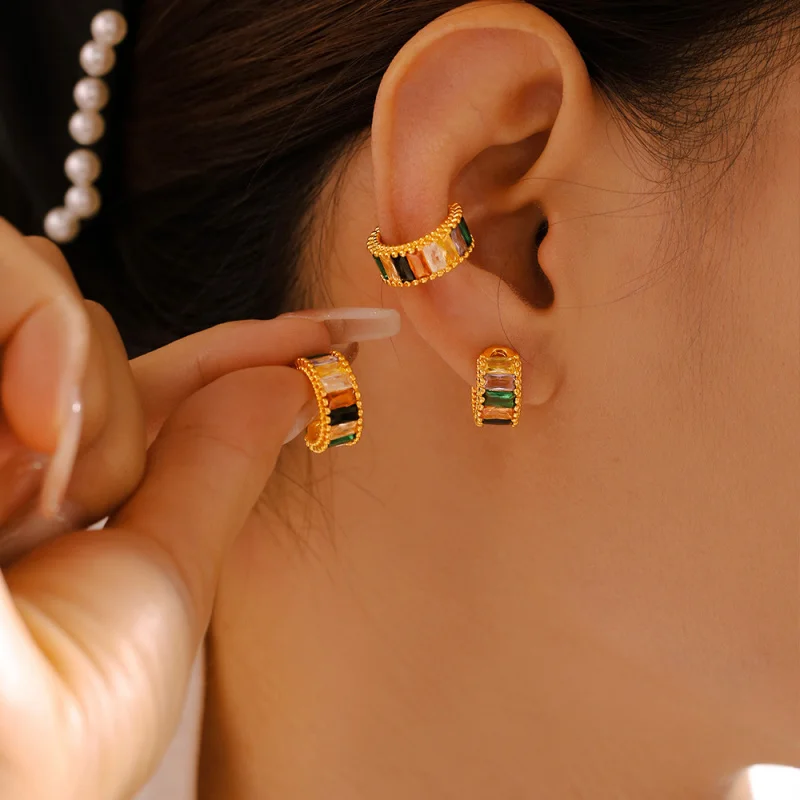 Creative Micro-Inlaid Colored Glass Stone Ear Clip With No Ear Hole Retro Personality Trend Ear Jewelry Women Fashion Jewelry