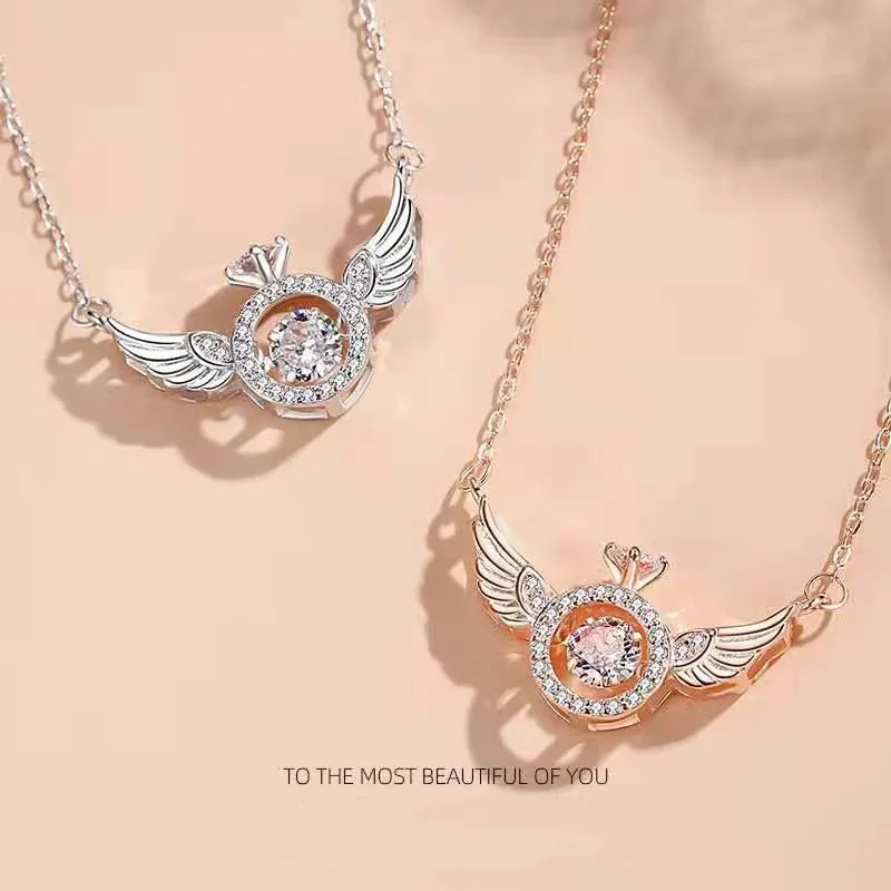 New Design Sense Light Luxury Crown Statement Angel Wings Pendant Necklace Fashion Stainless Steel Female Clavicle Chain Jewelry