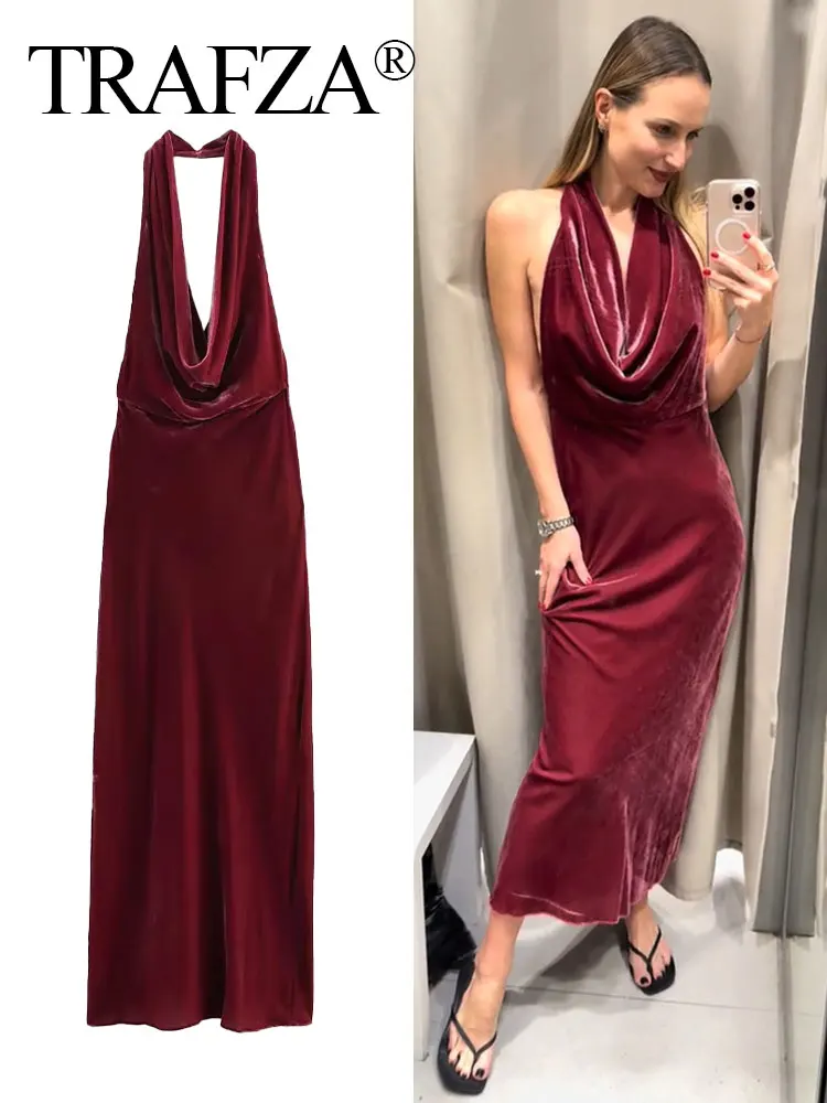 

TRAFZA женские летние красные бархатные длинные вечерние платья женская мода без рукавов с открытой спиной Холтер шеи сексуальное платье миди со рюшами