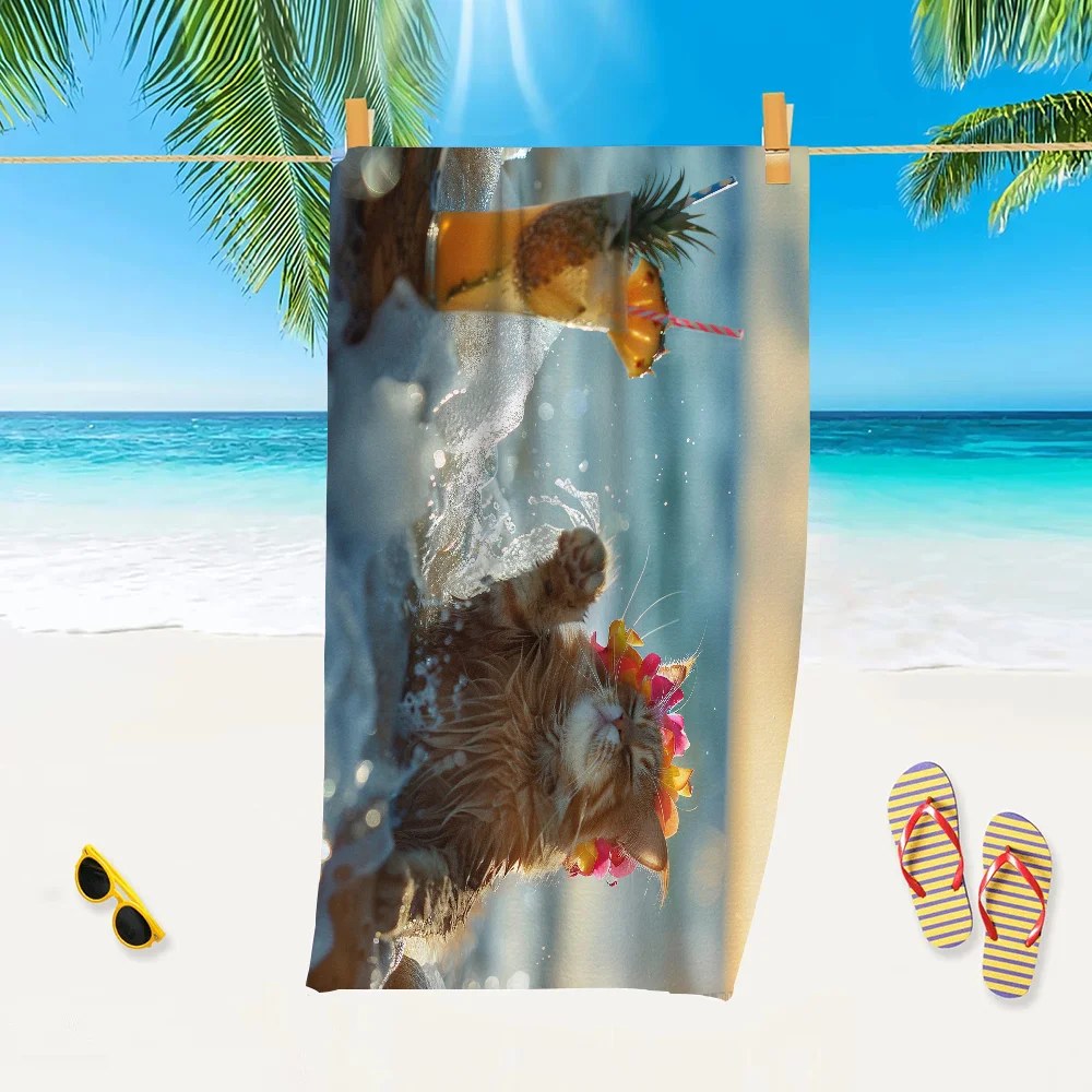 Cat Perched on Beach Towel Premium Microfiber Cotton Towel For Face Beach Hand Towels Absorbent Quick Dry Soft Washcloth