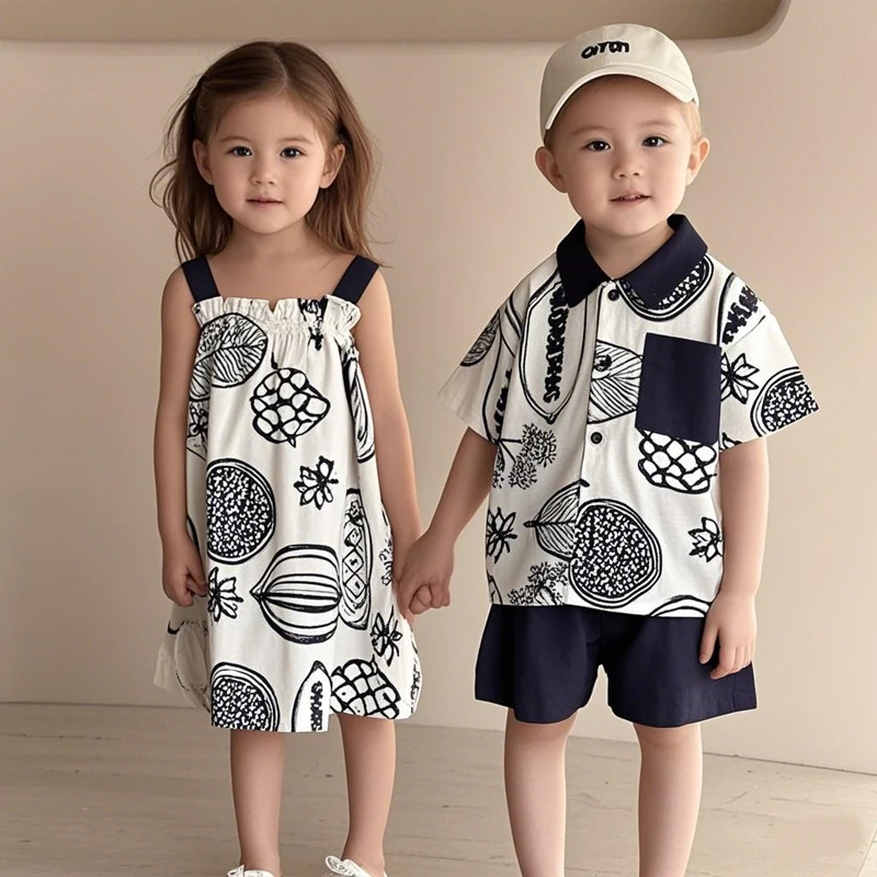 Summer New 1-10 Years Old Brother Sister Clothes Girls White Dark Blue Suspender Dress Boys Cotton T Shirt Shorts 2PCS Suit