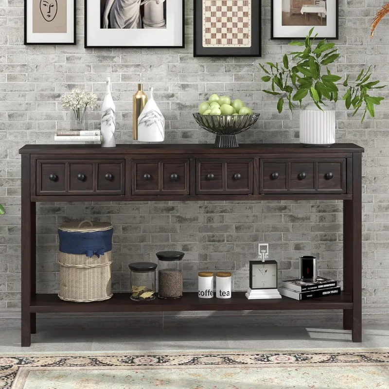 

60 Entryway Long Console Table with Drawers & Shelf – Easy Assembly Hallway Table Living Room