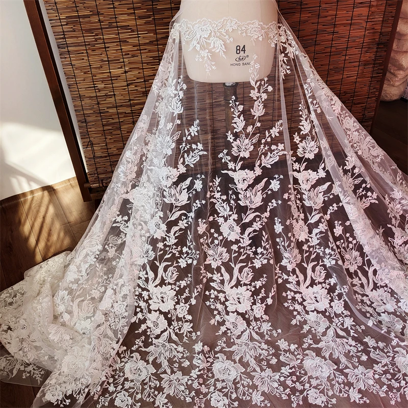 Tulle Material Wedding Dress Ivory Embroidered Sequin Lace Appliqued Flower Fabric