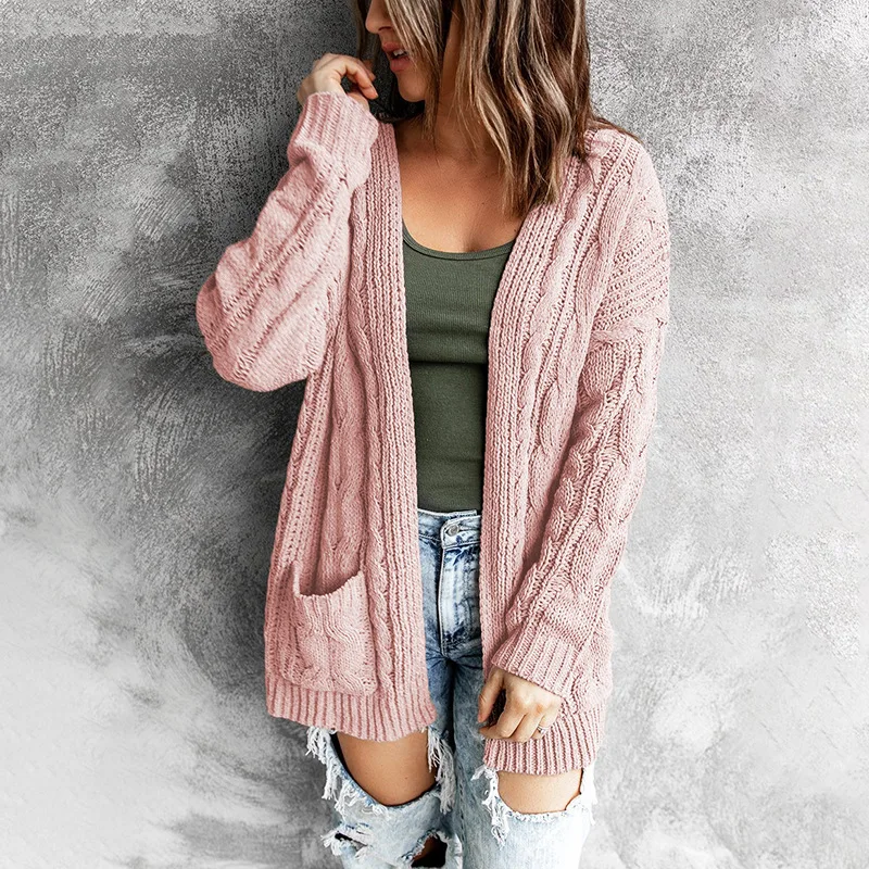 Solid pocket middle long solid Fried Dough Twists knitting cardigan coat autumn and winter new sweater women