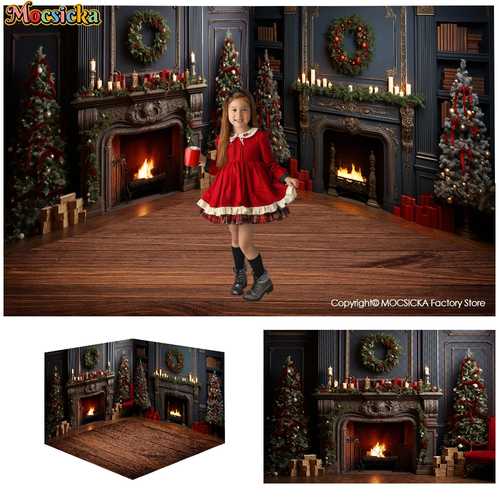 

Christmas Winter Fireplace Livingrooom Photocall Backdrops XMAS Tree Garland Candles Kids Portrait Photo Background Studioprops