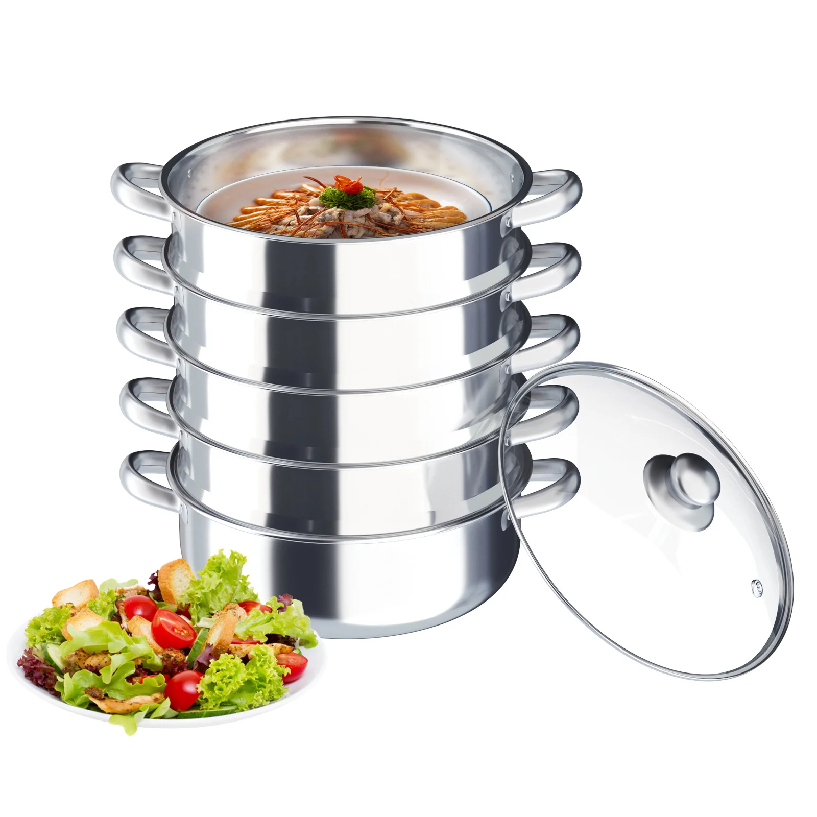 5-Layer 30cm Stainless Steel Steamer for Cooking Steam, Stainless Steel Steam Cookware, Steel Vegetable Soup Basket with Lid