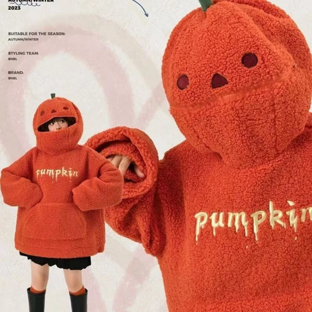 Interesting Pumpkin Head Lamb Plush Decorated Hoodie Halloween Jacket Autumn Winter Loose Warm Pullover Pop Costume Decor Props