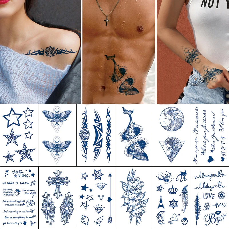 

Juice Lasting Ink Tattoos Body Art Waterproof Temporary Tattoo Sticker Lines Tattoo Arm Fake Whale Tiger Flower Tattoo Women Men