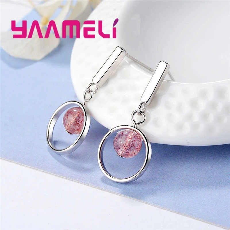 Sweet 925 Sterling Silver Round Shape Strawberry Quartz Drop Earrings for Women Wedding Anniversary Party Trendy Jewelry Gifts