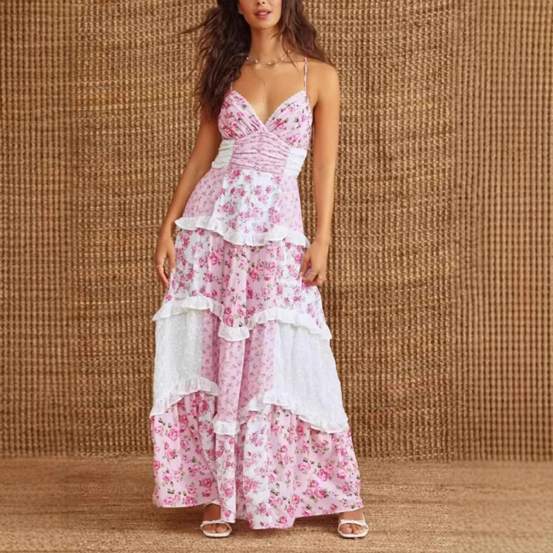 Casual ผู้หญิง Boho ปิดไหล่ชุดยาวเซ็กซี่พิมพ์ลายดอกไม้ Beach Sundress Elegant Holiday แขนกุด Patchwork Maxi Dresses