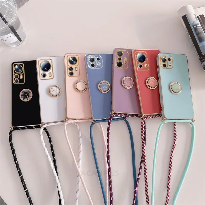 Plating Ring Holder Cord Strap Crossbody Lanyard Case For Xiaomi Mi 12T 11T Pro 13 12 11 Lite 5G NE Cover On Mi12t Mi13