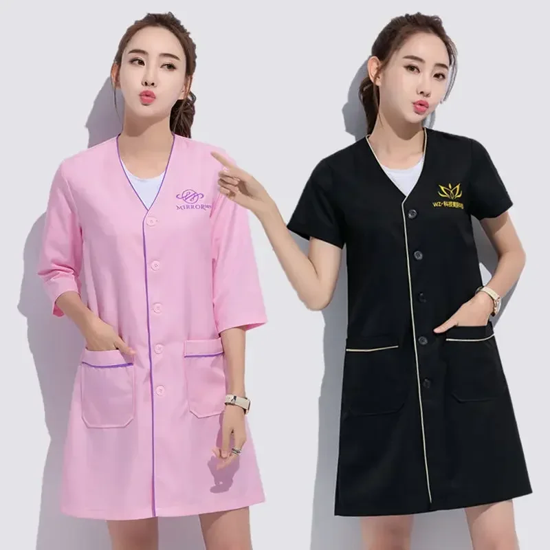 Black Short Beauty Uniform Dress Spa Uniform Scrub Uniform White Plus Size Salon Grooming Clothes Lab Coat Logo Beautician Tops