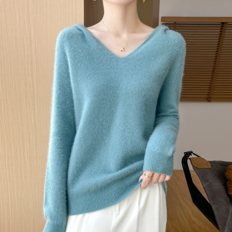 Seamless Cashmere Sweater Spring Autumn New 100% Merino Wool Sweater Women\'s Clothing Hooded Knitted Sweater Casual Hoodie Tops