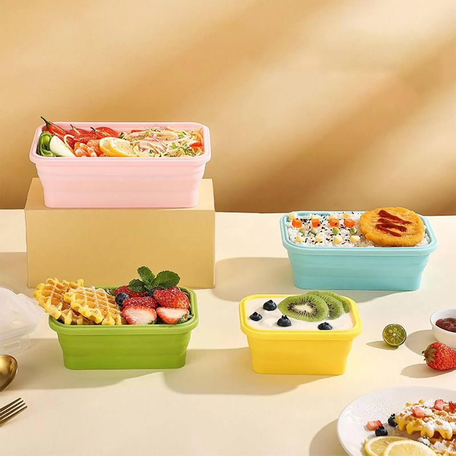 Silicone Food Storage Lunch box 4 Pieces Foldable Food Containers Leakproof Odor-Resistant Reusable Stackable Organizer