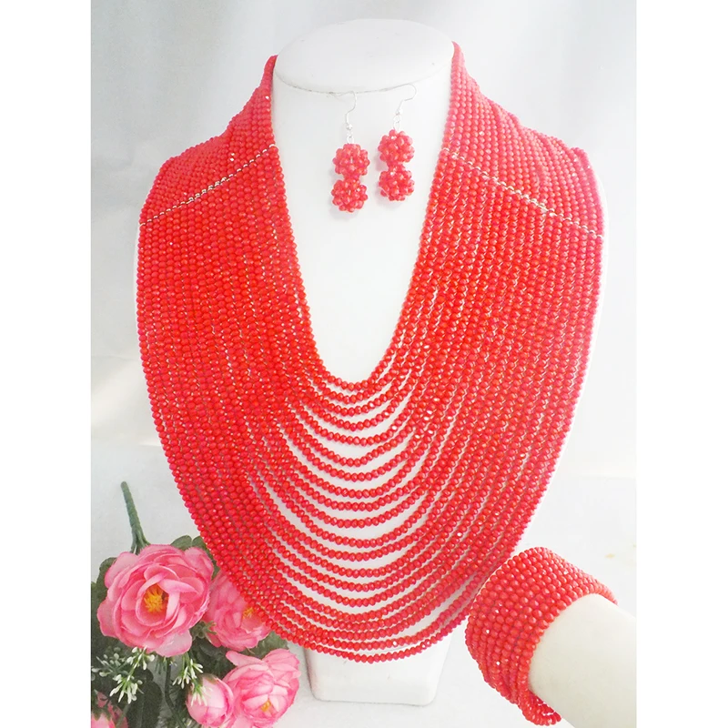 classic  Beautiful African Wedding Red Crystal Beads Nigerian Crystal Necklace Set