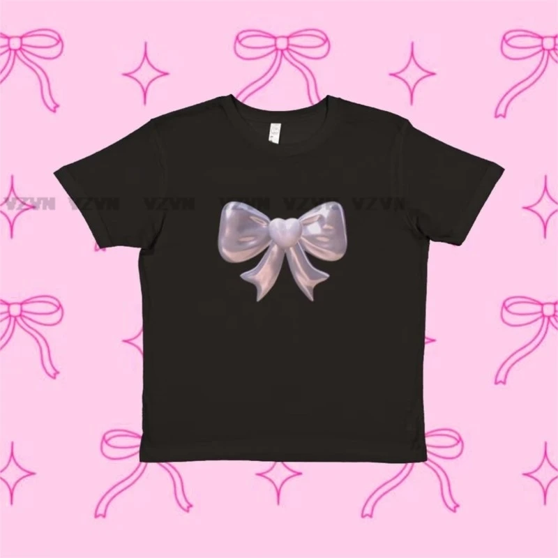 

Pink Bow Printed Girls Crop Tops Harajuku Kawaii Summer retro Baby Tee O Neck Black Y2k Punk Streetwear y2k tee shirt femme