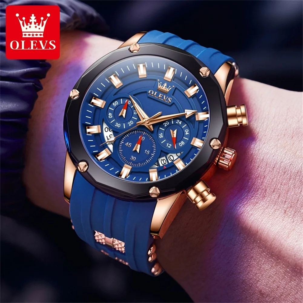 OLEVS New Original Men Watches Silicon Tape 45mm Large Dial Quartz Watch for Man Waterproof Chronograph Calendar Luminous Watch