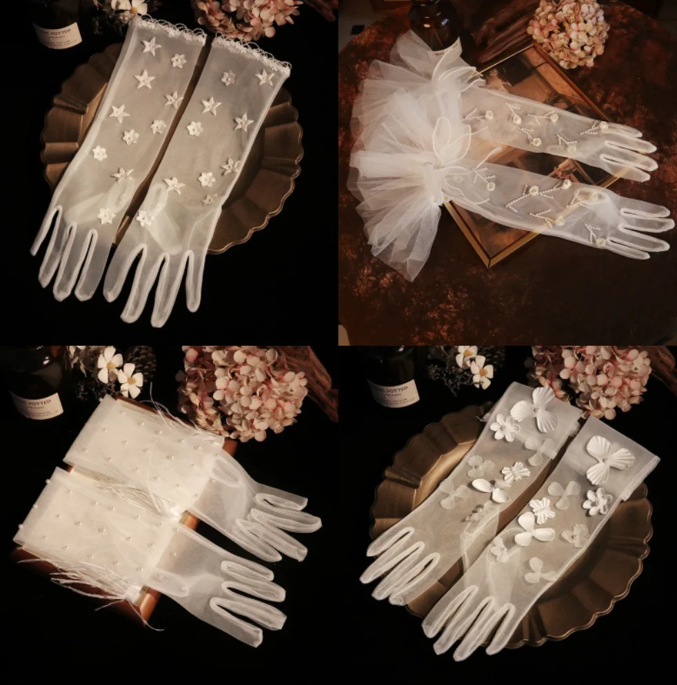 Elegant Lace Gloves For Bride Pearl Tulle White Transpares Sleeve Wedding Long Gloves Woman Party Prom Bridal Gloves Accessories