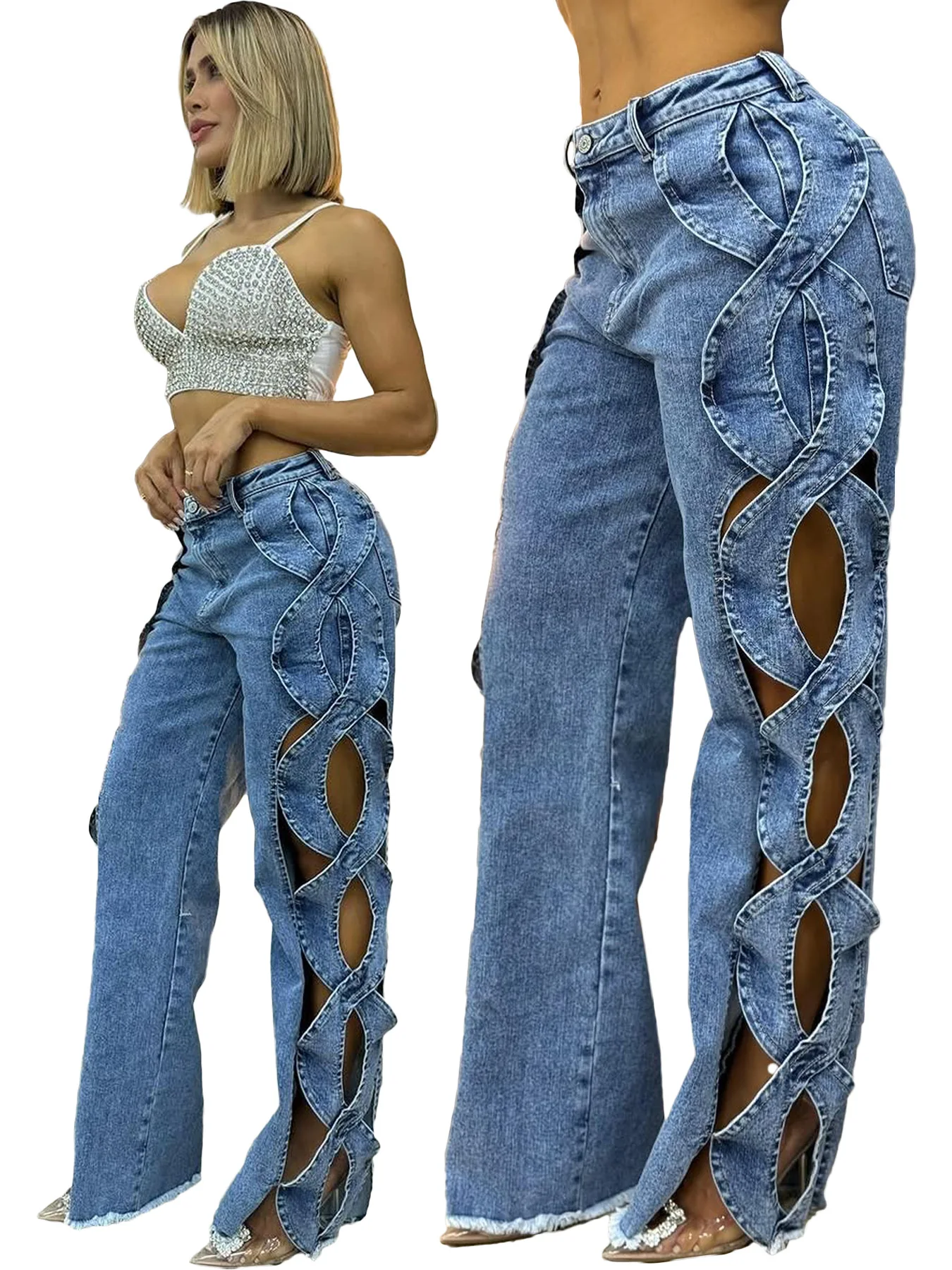 Denim Hose Frauen Jeans Lange Hosen Ausgehöhlt Hohe Taille Gerade Hosen Y2k Streetwear Casual Mom Jeans Nachtclub Sommer
