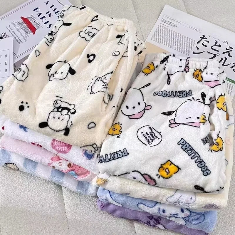 Miniso Kuromi Flannel Pajamas Pants For Women Sweet Cartoon Sleeping Warm Pants Coral Fleece Warm Pants Home Clothes For Winter