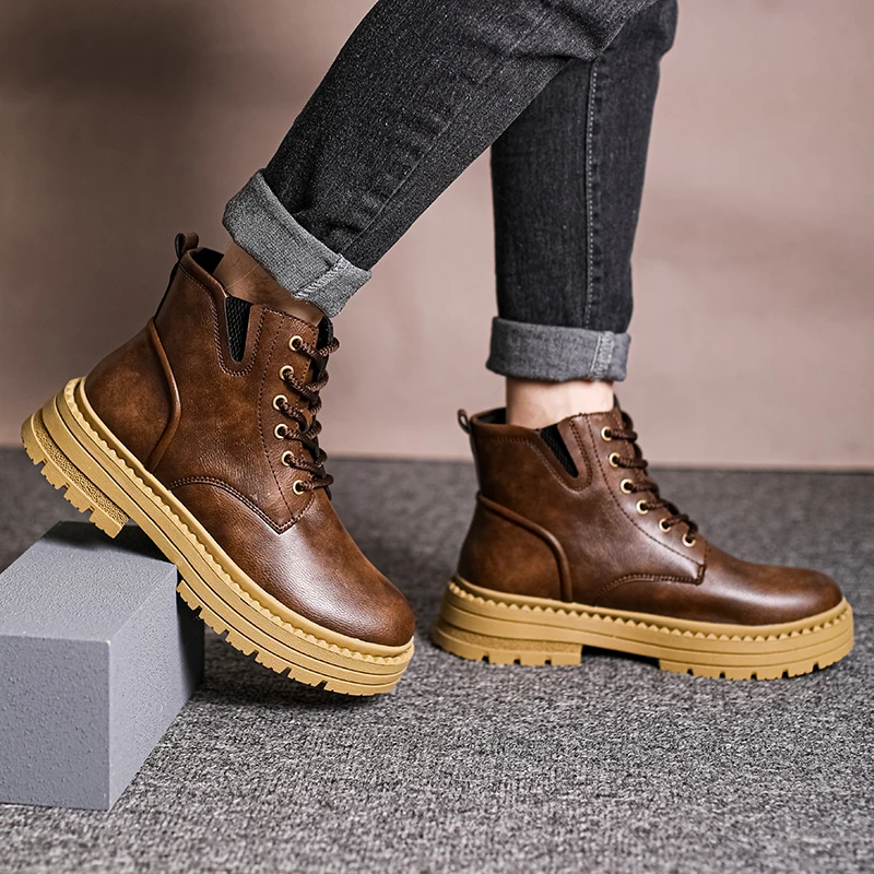 

Fashion British Style High Top Mens Casual Boots Luxury Brand Business Versatile Leather Boots Outdoor Thick Soled Comfort Boots