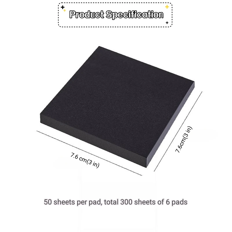 300 Sheets Black Self-Stick Memo Writing Pad, 6 Pads Message Notes Leaving Sticky Notes