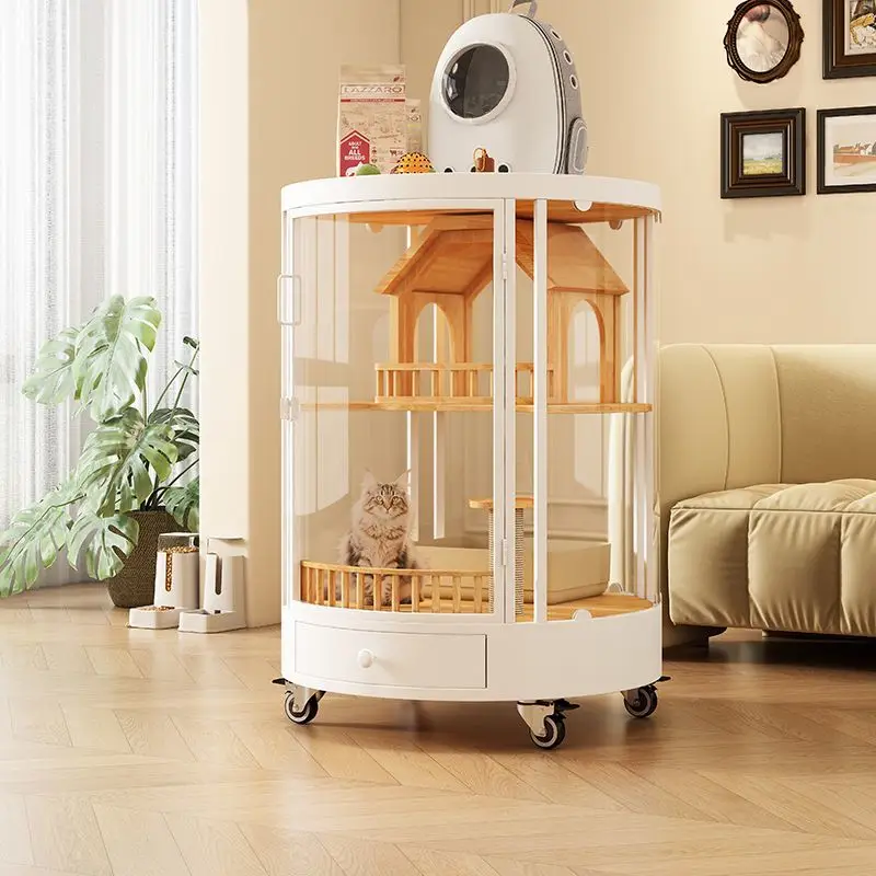 

Household cat villa luxury cat house solid wood glass indoor three-layer free space cat cabinet with toilet